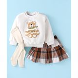 Little Kangaroos Fleece Knit Full Sleeves Winter Wear Sweatshirt &  Checkered Skirt with Stockings & Bear Patch - Off White