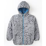 Little Kangaroos Knit Full Sleeves  Mountain Theme Print Padded Hooded Winter Jacket with Kangaroo Pockets -  Grey & Sky Blue