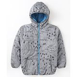 Little Kangaroos Knit Full Sleeves  Mountain Theme Print Padded Hooded Winter Jacket with Kangaroo Pockets -  Grey & Sky Blue