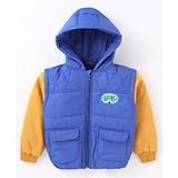 Little Kangaroos Knit Full Sleeves Hooded Padded Winter Jacket With Pockets - Royal Blue & Yellow