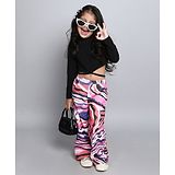 Taffykids Full Sleeves Waist Tie Up Solid Crop Top And Marble Printed Cargo Pant Set - Black & Multi Colour