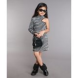 Taffykids One Shoulder Lurex Waves Printed Party Crop Top And Matching Skirt Set - Silver & Black