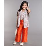 Taffykids Sleeveless Floral Printed Ethnic Jacket With Coordinating Singlet Crop Top And Solid Pant Set - Orange & Multi Colour