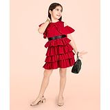 Naughty Ninos Cold Shoulder Sleeves Solid Ruffles Fit & Flare Dress - Red