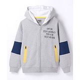 Under Fourteen Only Cotton Full Sleeves Typography Printed Colour Blocked Hooded Jacket - Grey Milange