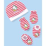 Babyhug Disney Interlock Knit Striped Cap Mittens & Booties Set with Donald Duck Graphics - Red & White