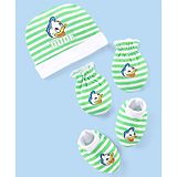 Babyhug Disney Interlock Knit Striped Cap Mittens & Booties Set with Donald Duck Graphics - Light Green & White