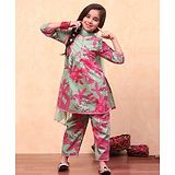 BIBA Three Fourth Sleeves Floral Printed Kurta With Coordinating Salwar & Dupatta Set - Green