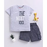 MIMINO Cotton Half Sleeves The Next 100 Text Printed Tee & Shorts Set - Grey