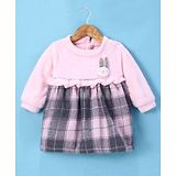 Little Kangaroos Woven Full Sleeves Checkered Party Frock with Bunny Applique - Pink