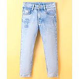 Ruff Denim Washed Full Length Jeans with Text Print  - Light Blue