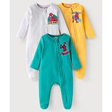 Babyhug Marvel Full Sleeves Sleep Suits with Spiderman Graphics Pack of 3 - Yellow Mint Green & White