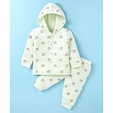 Tango Full Sleeves Front Open Hooded Winter Night Suit With Kittens Print - Light Green