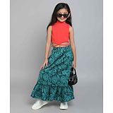 Taffykids Sleeveless Solid Crop Top & Floral Printed Tier Skirt Set - Red & Green