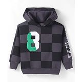 Little Kangaroos Fleece Knitted Full Sleeves Checkered Hooded Sweatshirt with Text Print - Black