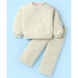 Little Kangaroos Fleece Knit Full Sleeves Winter Wear Sweatshirt & Jogger Pant Set with Floral Patch - Light Grey