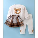 Little Kangaroos Fleece Knit Full Sleeves Winter Wear Sweatshirt & Lounge Pant Set with Checkered Skirt & Bear Patch - Off White