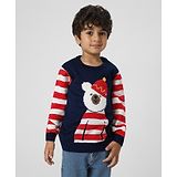 Nauti Nati Full Sleeves Polar Bear Printed & Placement Striped Sweater - Navy Blue