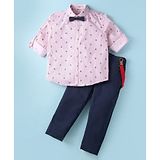 ToffyHouse 100% Cotton Knit Full Sleeves Striped & Nautical Theme Printed Shirt Trouser Set with Bow & Suspender - Navy Blue