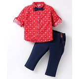 ToffyHouse 100% Cotton Knit Full Sleeves Nautical Theme Printed Shirt Trouser Set with Bow & Suspender - Navy Blue