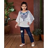 Aarika Georgette Bat Wing Sleeves Floral Printed With Attached Cape Top & Jeans Set - White & Navy Blue