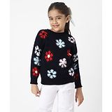 Nauti Nati Full Sleeves Floral Designed Sweater - Navy Blue