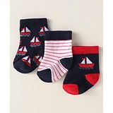 Cute Walk By Babyhug Anti-Bacterial Ankle Length Pack of 3 Socks With Nautical Theme Print - Red & Navy Blue