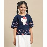 Kidsville Hello Kitty Featuring Half Sleeves Floral Applique Detailed Kitty White Printed Tee - Blue