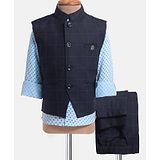 Noddy Full Sleeves Abstract Printed Shirt With Checked Waistcoat & Pant Set - Light & Navy Blue