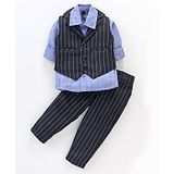 Noddy Full Sleeves Abstract Printed Shirt & Rope Striped Embroidered Waistcoat & Pant Set - Navy Blue