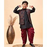 Vastramay Silk Full Sleeves Solid Kurta & Dhoti With Floral Printed Nehru Jacket Set - Black & Maroon