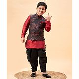 Vastramay Silk Full Sleeves Solid Kurta & Dhoti With Floral Printed Nehru Jacket Set - Black And Maroon