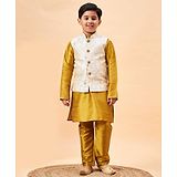 Vastramay Silk Full Sleeves Solid Kurta & Pyjama With Floral Embroidered Nehru Jacket Set - Beige & Mustard Yellow