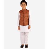 Vastramay Full Sleeves Solid Coordinating Kurta & Pyjama With Self Designed Nehru Jacket Set - Brown And White