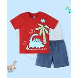 Nauti Nati Pure Cotton Half Sleeves Dinosaur Printed Tee & Solid Shorts Set - Red