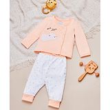 Nauti Nati Cotton Full Sleeves Cat Patch Embroiderd Tee & Stars Printed Trousers Set - Peach