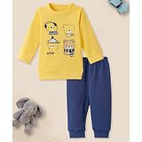 Nauti Nati Cotton Full Sleeves Teddy Bear Printed Tee & Solid Joggers Set - Yellow