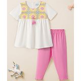 Nauti Nati Cotton Half Sleeves Floral Printed & Tassel Detailed Top & Solid Leggings Set - White