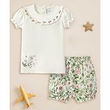 Nauti Nati Cotton Half Sleeves Floral Embroidered Top With Shorts Set - Off White & Green