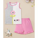 Nauti Nati Cotton Sleeveless Floral Embroidered Top With Solid Shorts Set - White & Pink