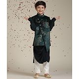 Manyavar Silk Full Sleeves Solid Kurta Pyjama With Floral Foil Printed Jacket Set - Green