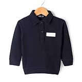 Ruff Jacquard Knit Full Sleeves Solid Color Polo T-Shirt - Black