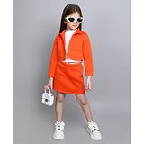 Taffykids Full Sleeves Solid Pocket Detailed Jacket With Coordinating Skirt & Crop Top - Orange & White