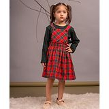 Budding Bees Cotton Jersey Full Sleeves Solid Tee With Checked Dress Set - Red