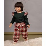 Budding Bees Full Sleeves Frill Detailed Tartan Checked Coordinating Cotton Top & Pant Set  - Green