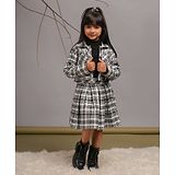 Budding Bees Full Sleeves Plaid Checked Jacket With Top And Skirt Set - Black & White