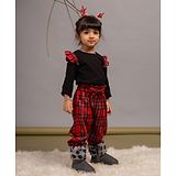 Budding Bees Full Sleeves Frill Detailed Tartan Checked Coordinating Cotton Top & Pant Set  - Black