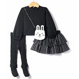 Little Kangaroos Winter Top & Skirt Set With Sling Bag & Stockings - Black