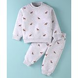 Little Kangaroos Fleece Knit Full Sleeves Deer Patch Winter Wear Sweatshirt & Joggers Set - Off White