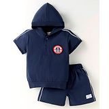 CUCUMBER Cotton Knit Half Sleeves Hooded T-Shirt & Shorts Set With Nautical Theme Patch - Navy Blue